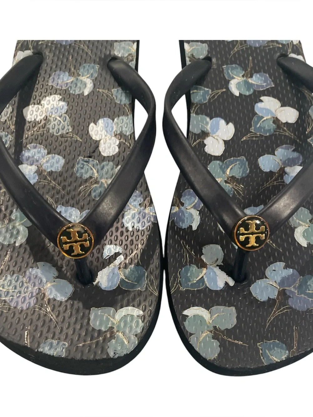 Tory Burch Thin Flip Flops Navy Blue Floral with Gold T Medallion Size 10